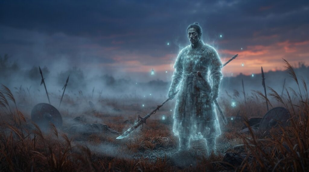 Ghostly warrior on a misty battlefield representing the Korean Goblin folktale