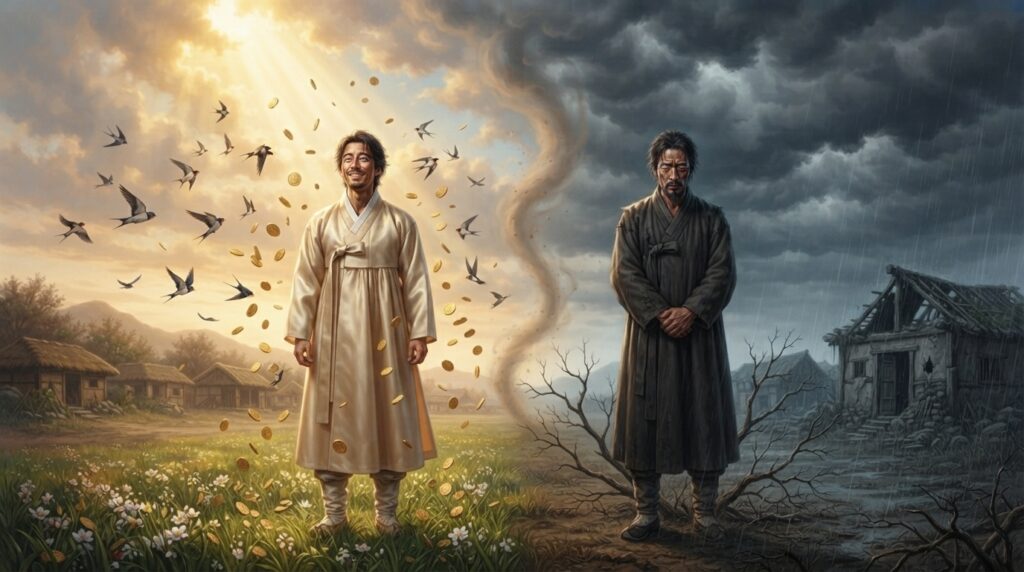Two brothers under a divided sky representing the karma tale of Heungbu and Nolbu