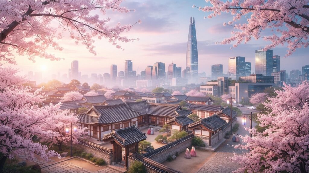 Seoul skyline blending with a hanok village and cherry blossoms