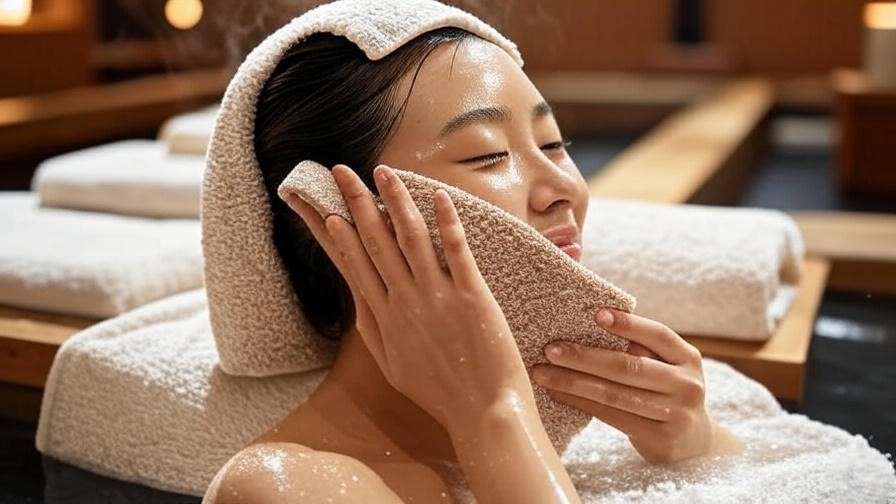 Korean towel exfoliation in a jjimjilbang spa with warm lighting and wooden benches