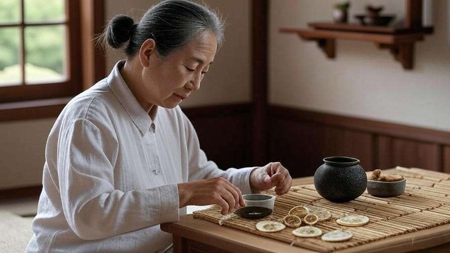 Korean herbalist preparing ginseng tea with dried slices on a bamboo mat