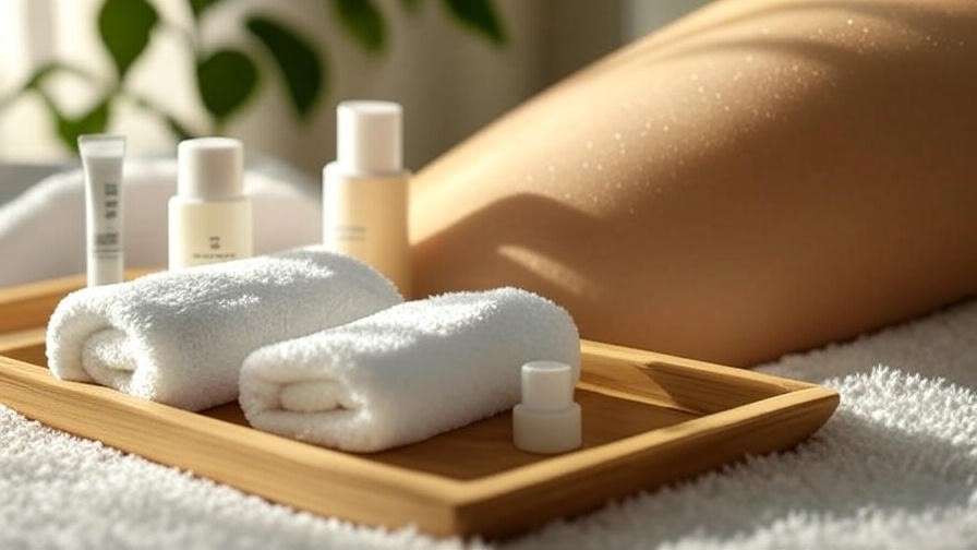 Close-up of exfoliated skin with Korean towel and K-beauty products on a tray