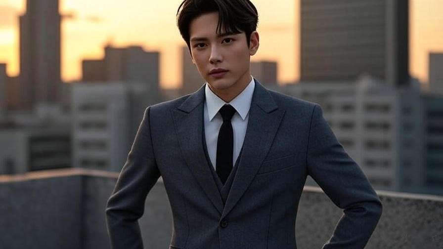 Confident person in tailored suit posing against urban skyline at sunset