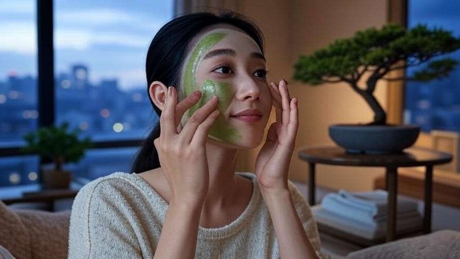Person applying K-beauty skincare with Seoul skyline view