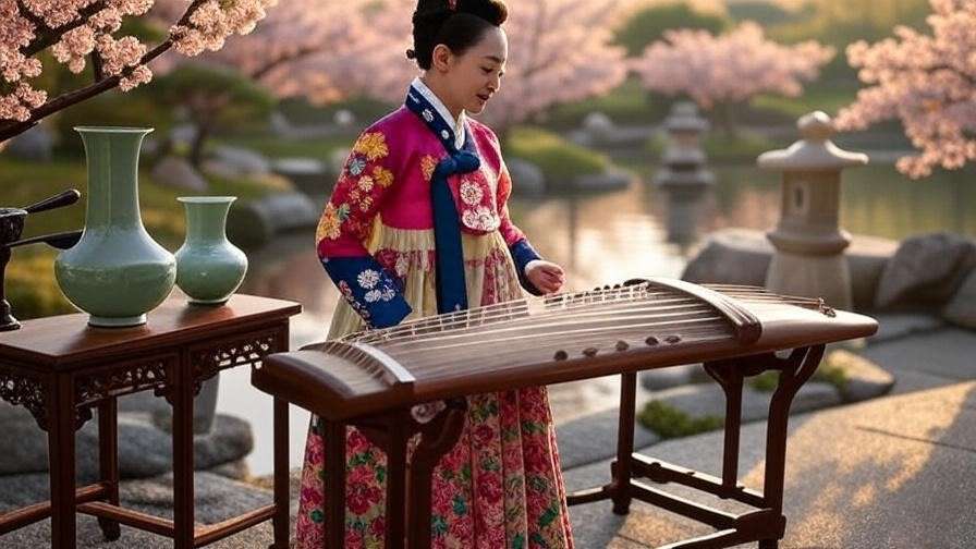 Person in colorful hanbok with celadon vases and gayageum in a traditional Korean garden