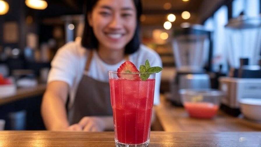 Korean cafe owner preparing authentic strawberry ade with vibrant color and professional setup