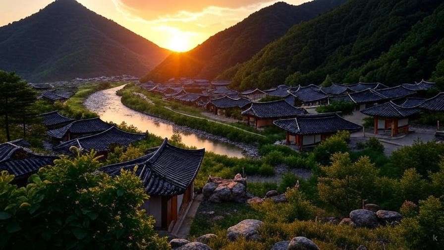 Mount Baekdu with traditional Korean village, highlighting cultural heritage sites