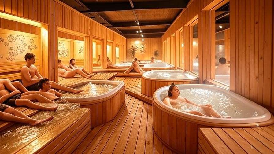 Warm jjimjilbang interior with sauna rooms and relaxing people.