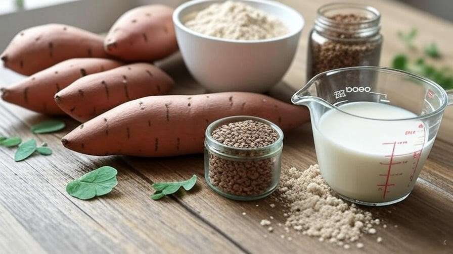 Healthy ingredients for sweet potato cake including sweet potatoes and almond flour.
