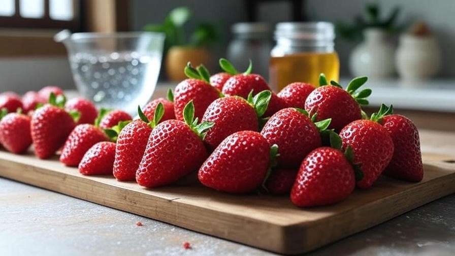 Fresh strawberries being prepared for Korean strawberry ade with sparkling water and simple syrup in a Korean kitchen