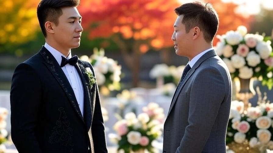 Korean groom and guest in suits at an outdoor wedding with autumn foliage