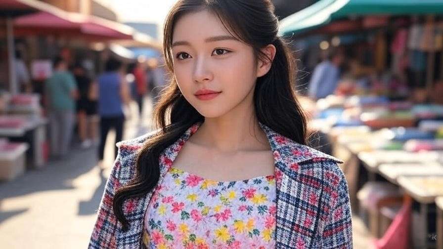Vibrant Kdrama outfit with floral top and plaid jacket in a lively outdoor market