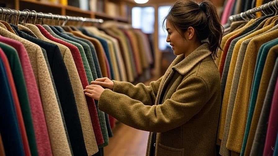 Person shopping for vintage coats and scarves in a thrift store