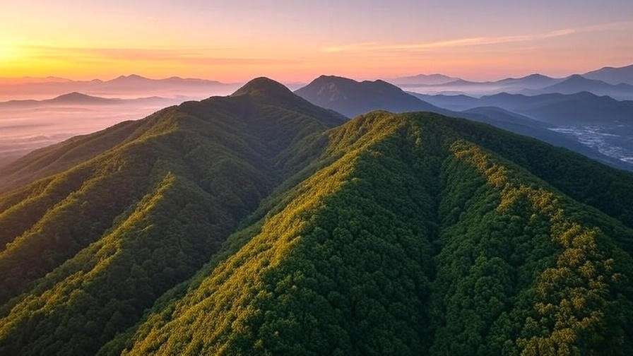 Aerial view of Maisan Mountain twin peaks Eunseonbong and Suseonbong with misty valley at sunrise.