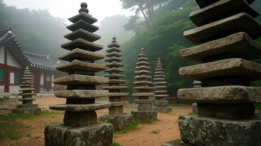 Close-up of Tapsa Temple stone pagodas with traditional Korean architecture