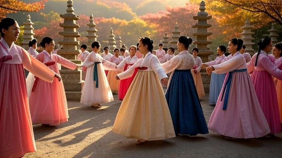 Tapsa Temple festival with hanbok dance and stone pagodas in autumn.