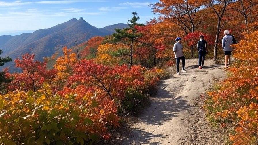 Hiking trail on Maisan Mountain with autumn foliage and twin peaks view
