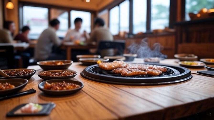 Cozy interior of Geumdwaeji Sikdang with a charcoal grill and wooden decor in Mapo-gu.