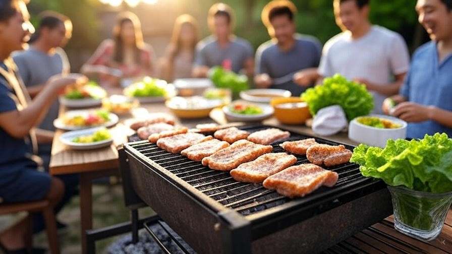 People grilling samgyeopsal and wrapping it in lettuce at Geumdwaeji Sikdang