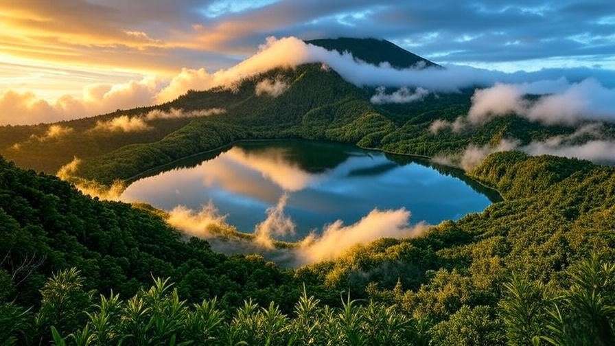 Panoramic view of Hallasan summit with Baengnokdam Crater Lake at sunrise, lush greenery, and mist.