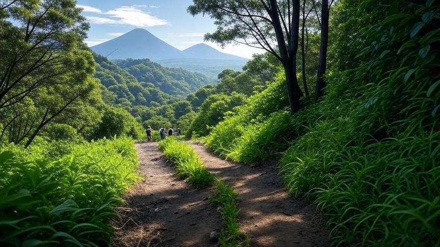 Scenic Hallasan hiking trail with lush forest and distant mountain views, hikers enjoying nature