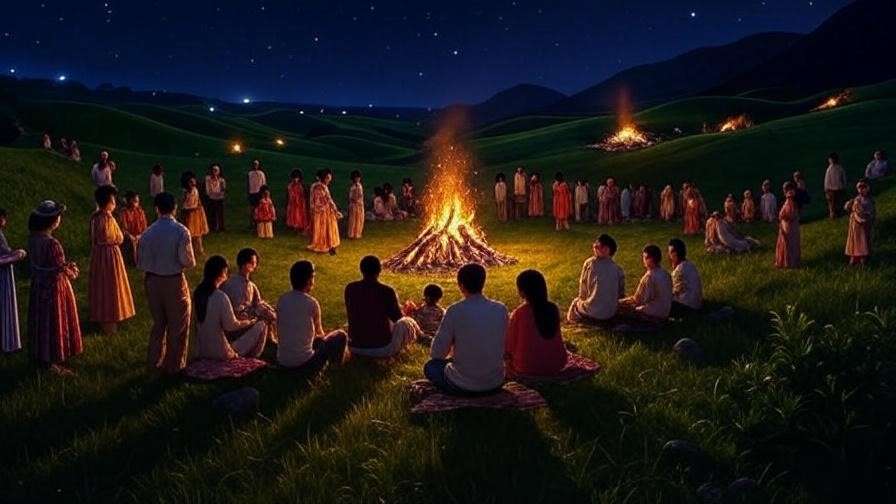 Jeju Fire Festival with bonfires lighting hills near Hallasan, cultural celebration at night.