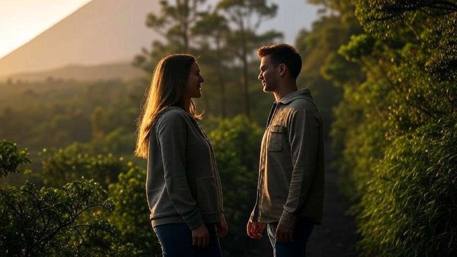 Romantic couple posing on misty Hallasan trail, K-drama aesthetic with golden lighting
