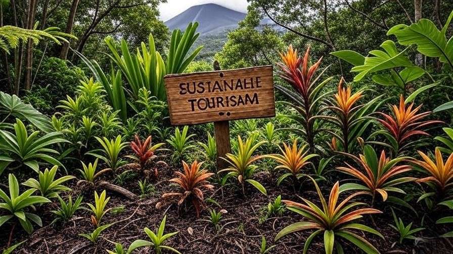 Hallasan forest floor with native plants and sustainable tourism sign