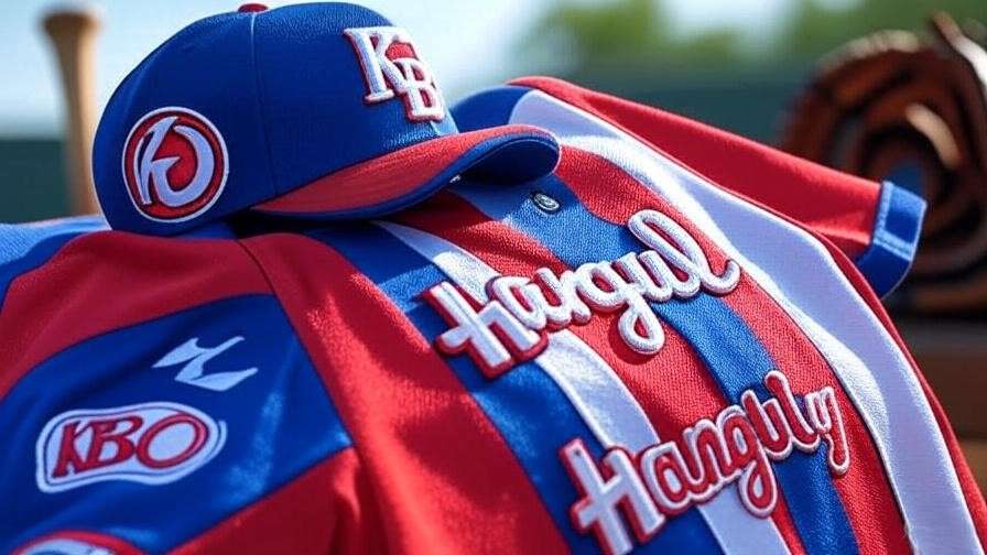 Close-up of KBO uniform with logos and Hangul typography, baseball bat and glove in background