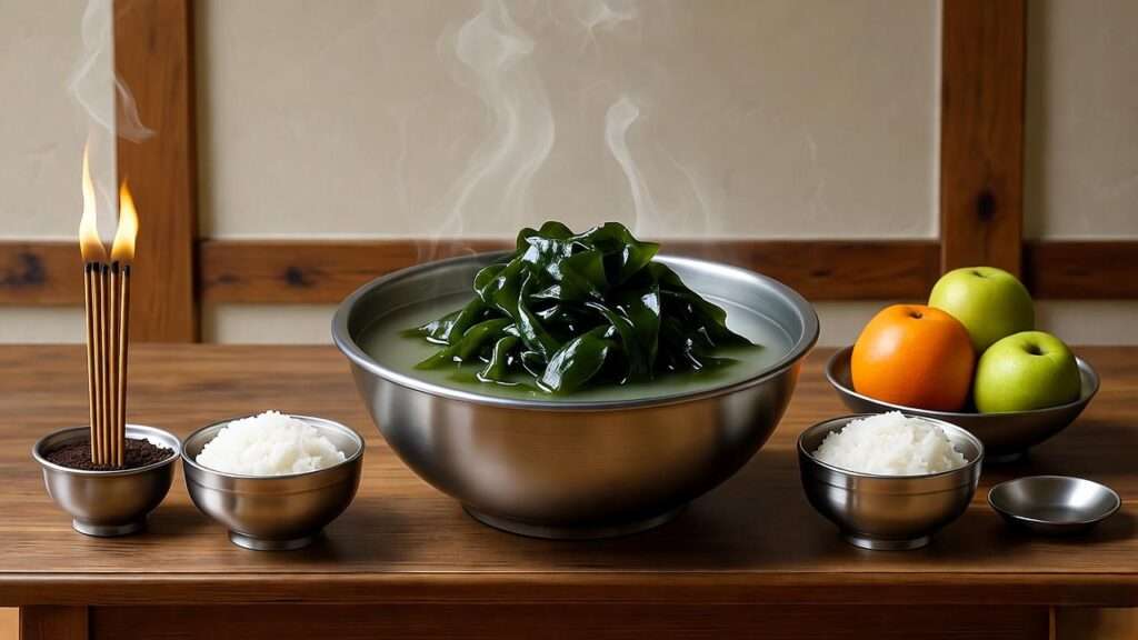 Maesaengi bugeo-guk served on a traditional Korean ancestral rite altar with offerings