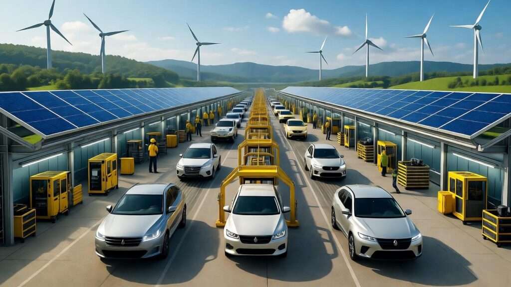 Eco-friendly Hyundai factory interior with EV assembly lines and solar panels.