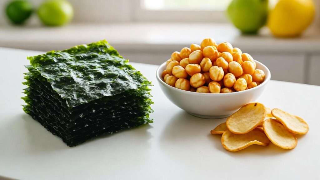 Healthy Korean snack alternatives with a small portion of butter chips on a kitchen table