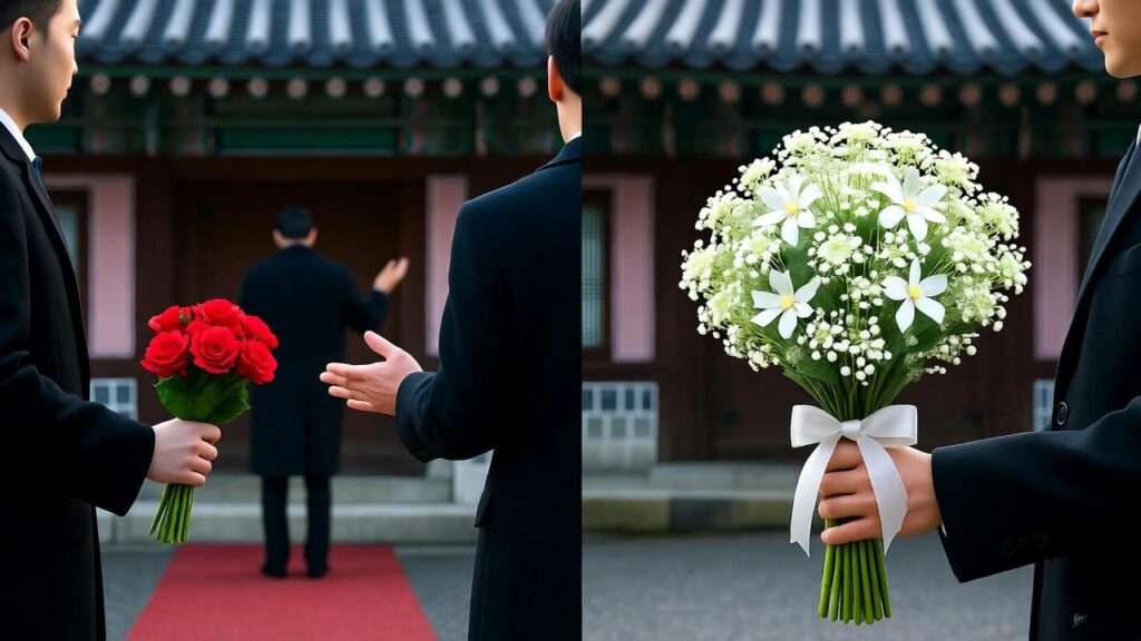 Visual of common mistakes with colorful flowers versus proper white arrangements in Korean funeral etiquette.
