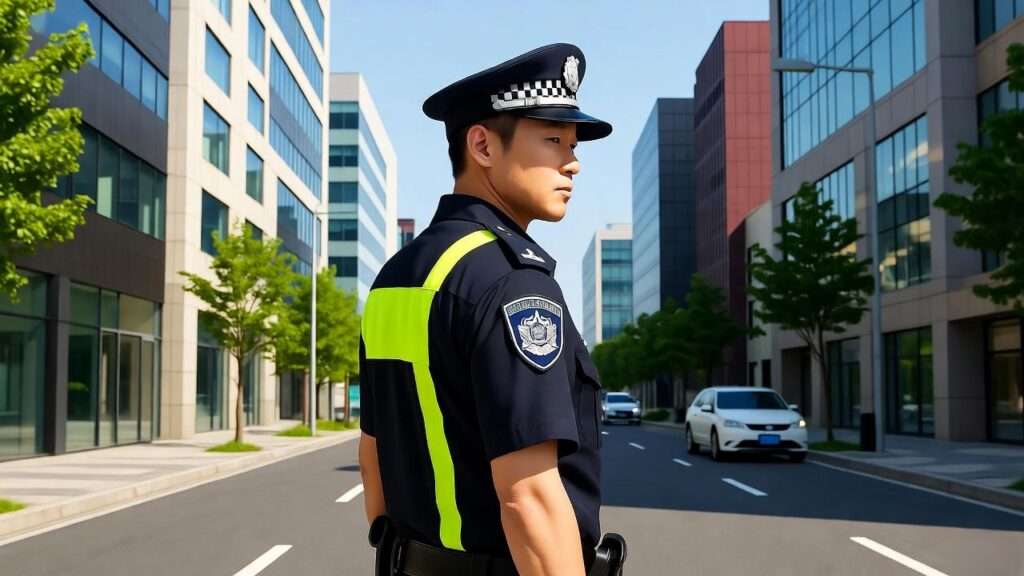 Korean police officer on duty in modern Seoul, symbolizing enforcement of gun laws.