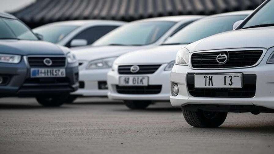 Side-by-side comparison of South Korean, Japanese, and American license plates with a hanok roof background