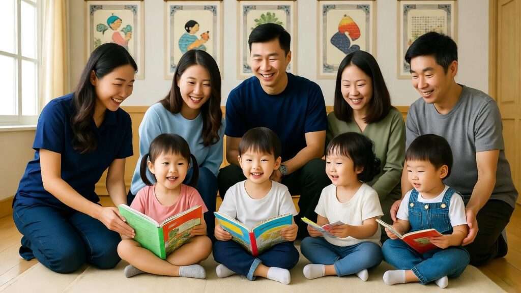 Korean daycare staff reading storybooks to children in a culturally rich classroom