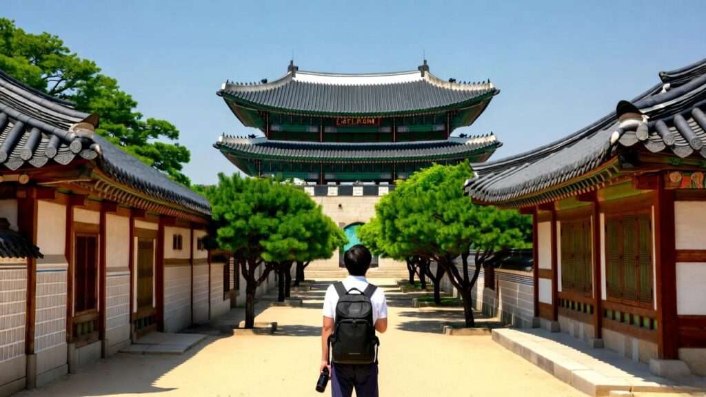 Tourist at a K-drama filming location with traditional Korean architecture.