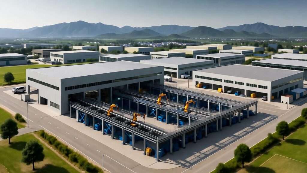 Aerial view of Hyundai Ulsan plant in South Korea with modern factory and robotic assembly lines