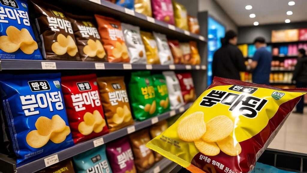 Korean butter chips displayed in a vibrant convenience store with golden crispy chips spilling from a bag