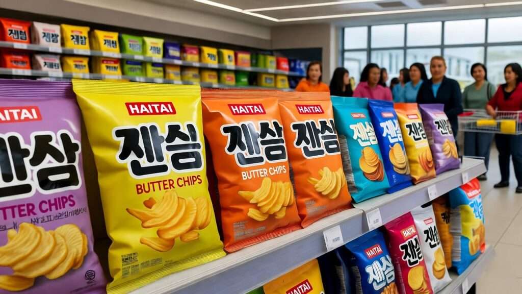 International grocery store aisle showcasing Korean butter chips with diverse shoppers.