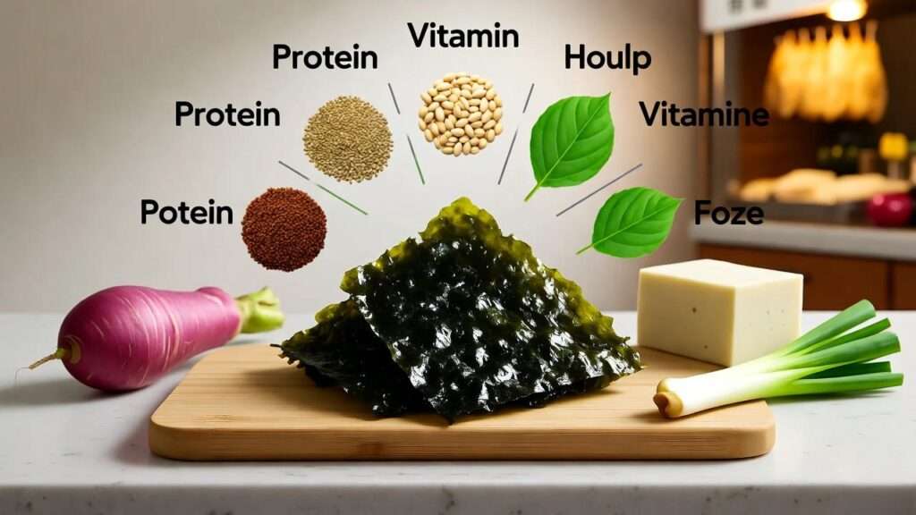 Dried maesaengi with fresh ingredients and a natural nutritional chart in a Korean kitchen