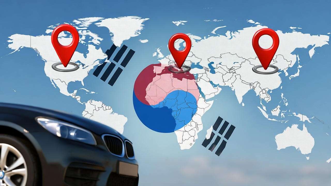 World map with pin markers showing Hyundai manufacturing locations globally, featuring a sleek car.