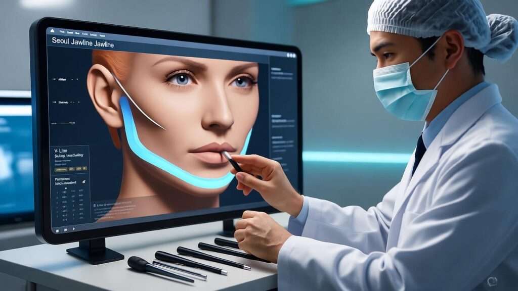 Surgeon performing Korean jawline surgery with 3D imaging in a modern Seoul clinic