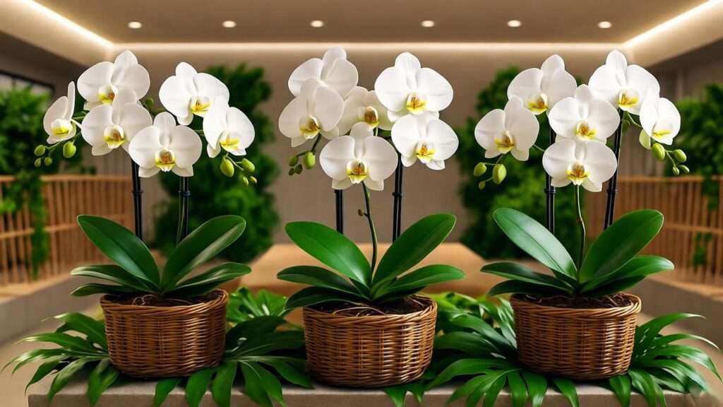 Sustainable potted orchids as eco-friendly Korean funeral flower arrangement in modern mourning practices.