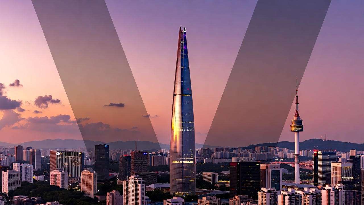 Seoul skyline at dusk with V-shaped silhouette for Korean jawline surgery.