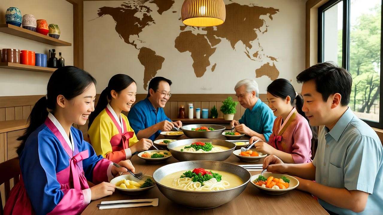 Diverse group enjoying maesaengi bugeo-guk in a global Korean restaurant with cultural decor.