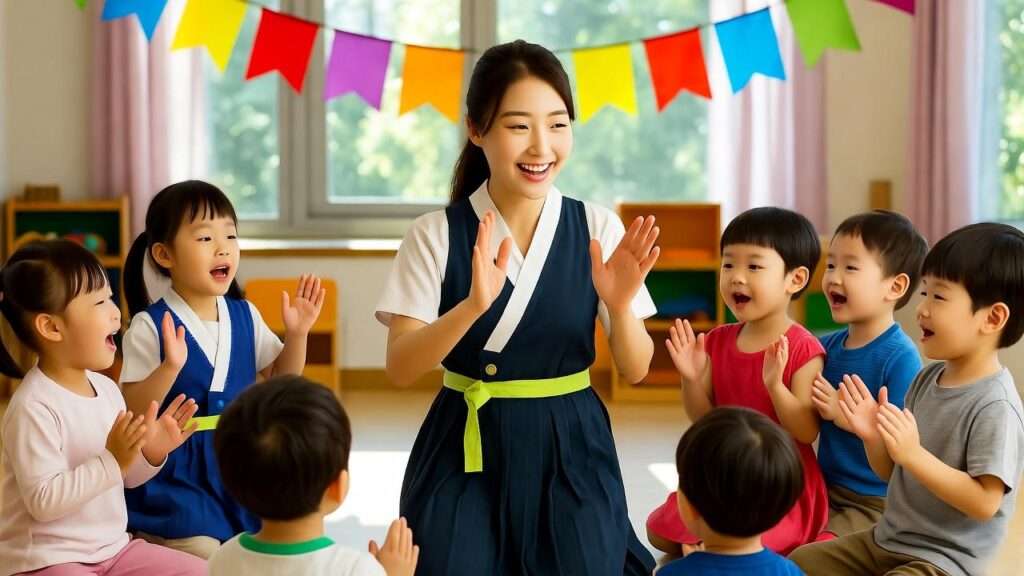 Children singing Korean songs in a daycare language activity