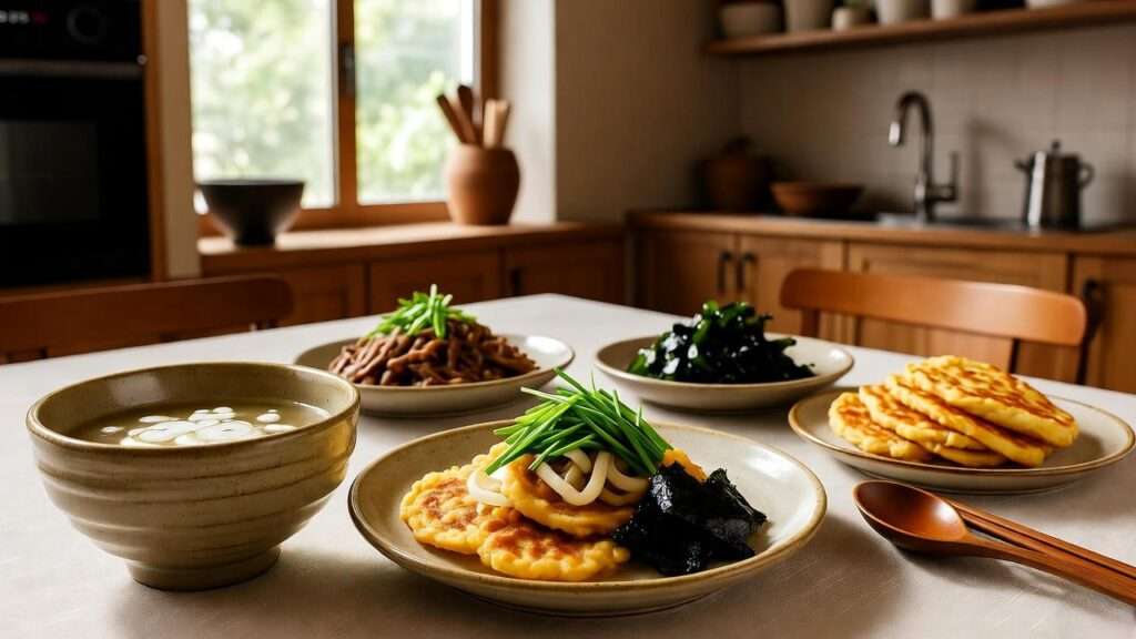 Variety of maesaengi dishes including bugeo-guk, bugeo-jjim, and bugeo-jeon on a Korean dining table