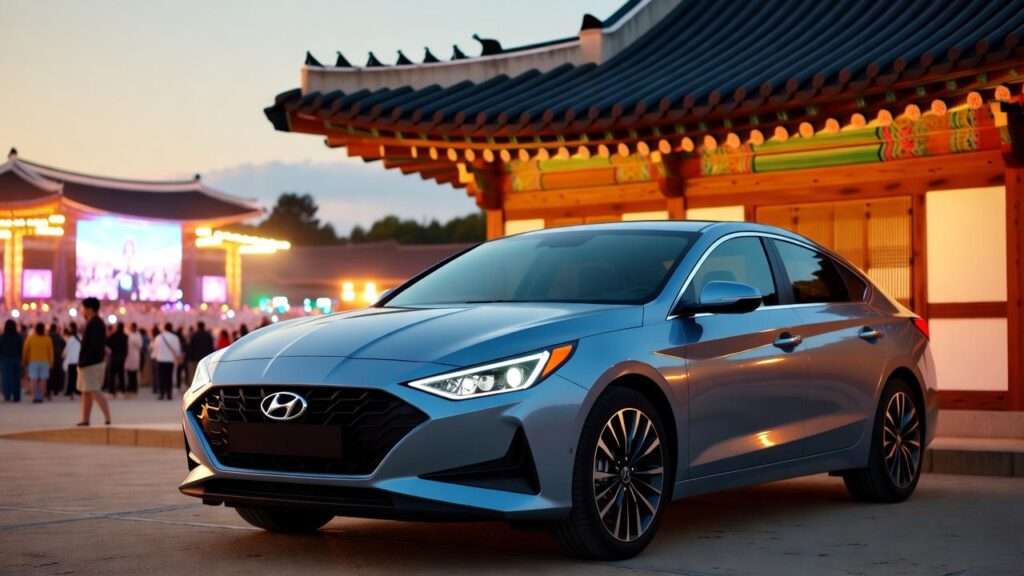 Hyundai car near traditional Korean hanok house with K-pop concert background.