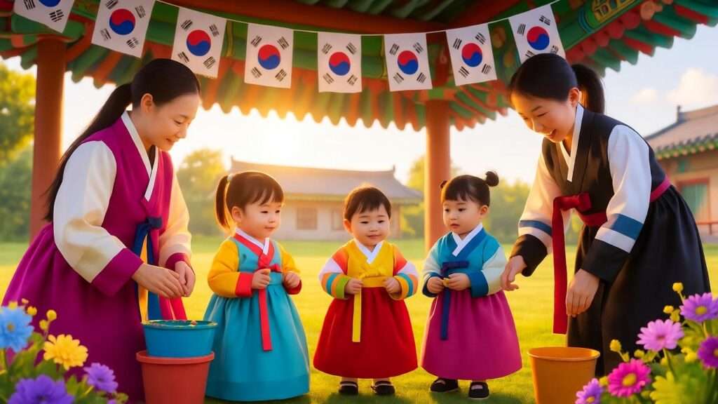 Korean daycare community festival with parents and kids in hanbok